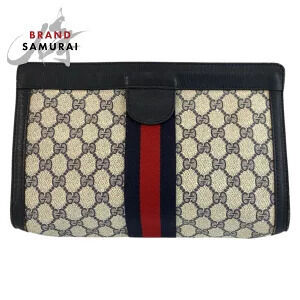 Gucci Sherry Clutch Bag Gray Navy Blue GG Supreme Canvas Leather